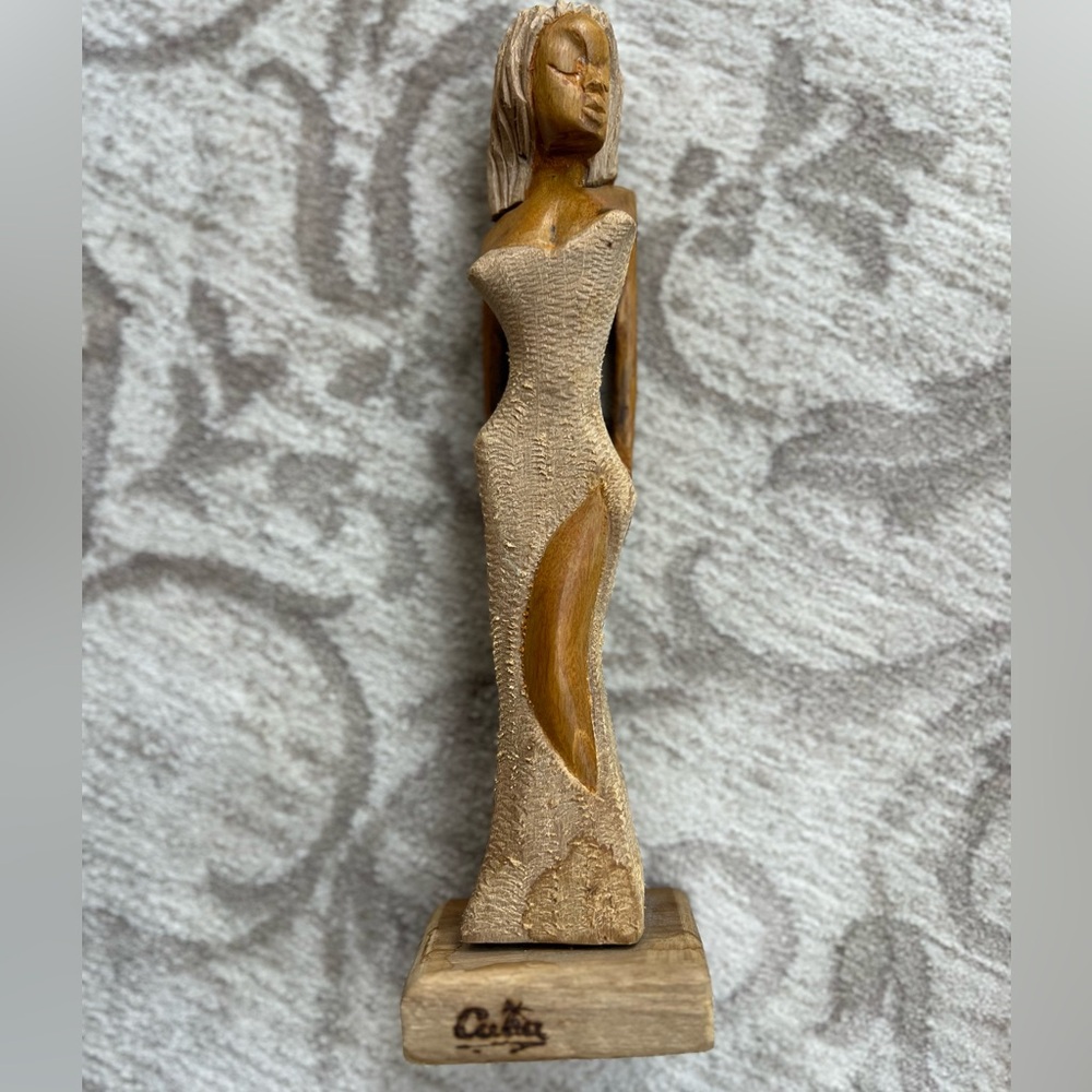 Tan Woman Wooden Sculpture, Handcrafted in Cuba.